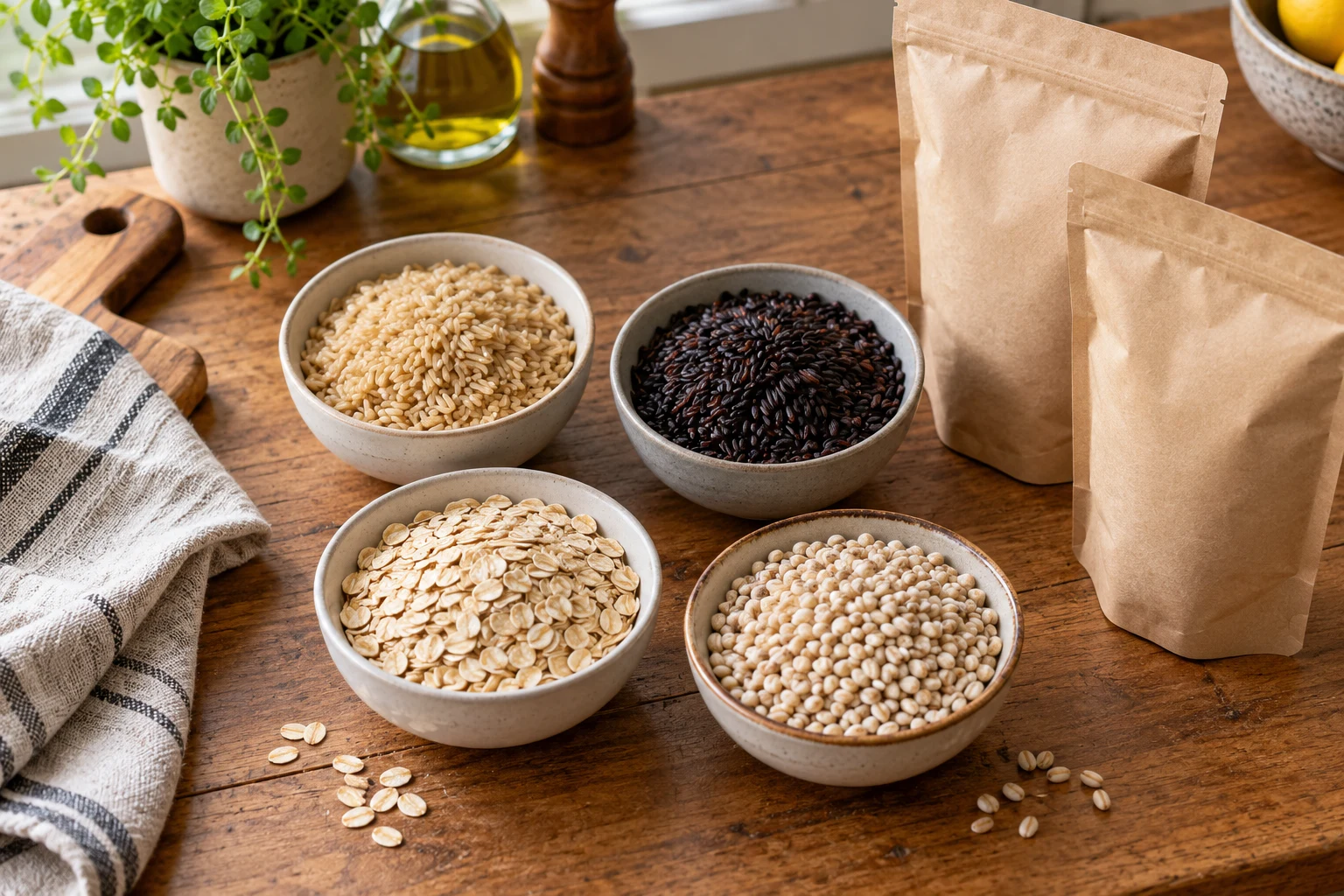 Rice, oats and barley on a kitchen table